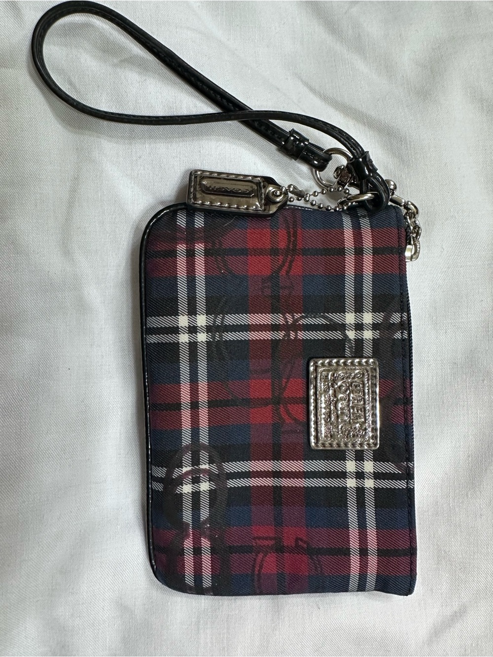 Coach Poppy Red & Black Plaid Wristlet Pouch with Silver Hardware